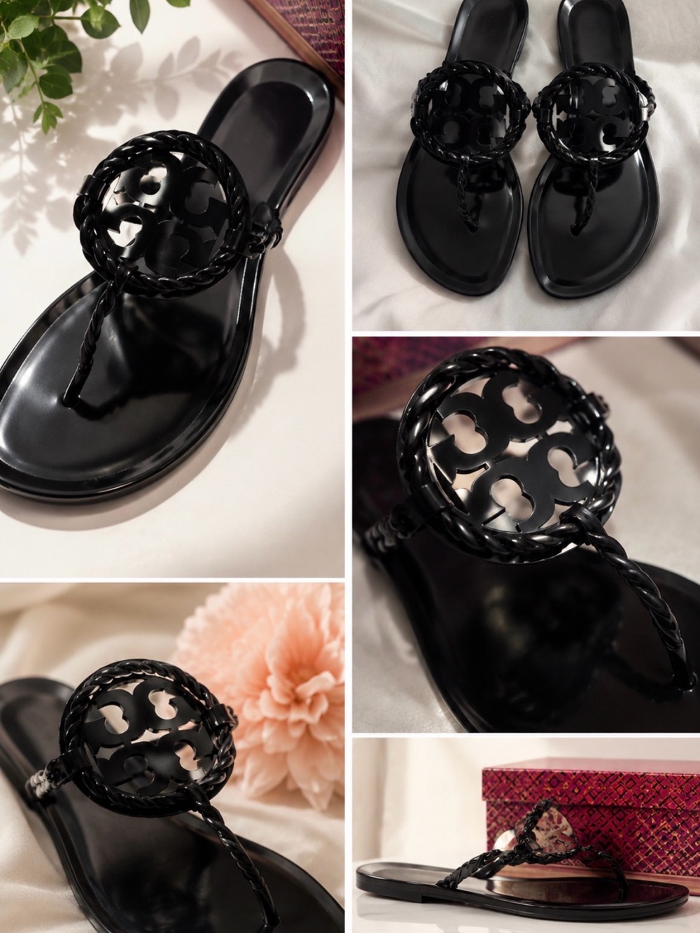 Tory Burch Black Patent Logo Braided Thong Sandals
